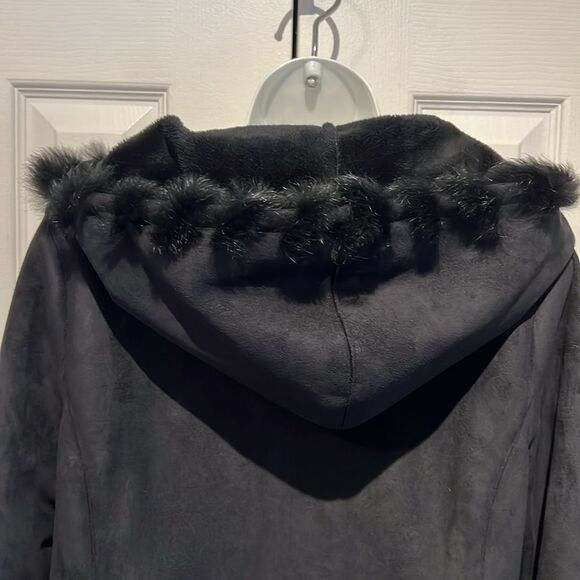 Jones New York Black Faux Suede‎ Real Rabbit Fur Trim Hooded Coat Size S - Picture 9 of 15